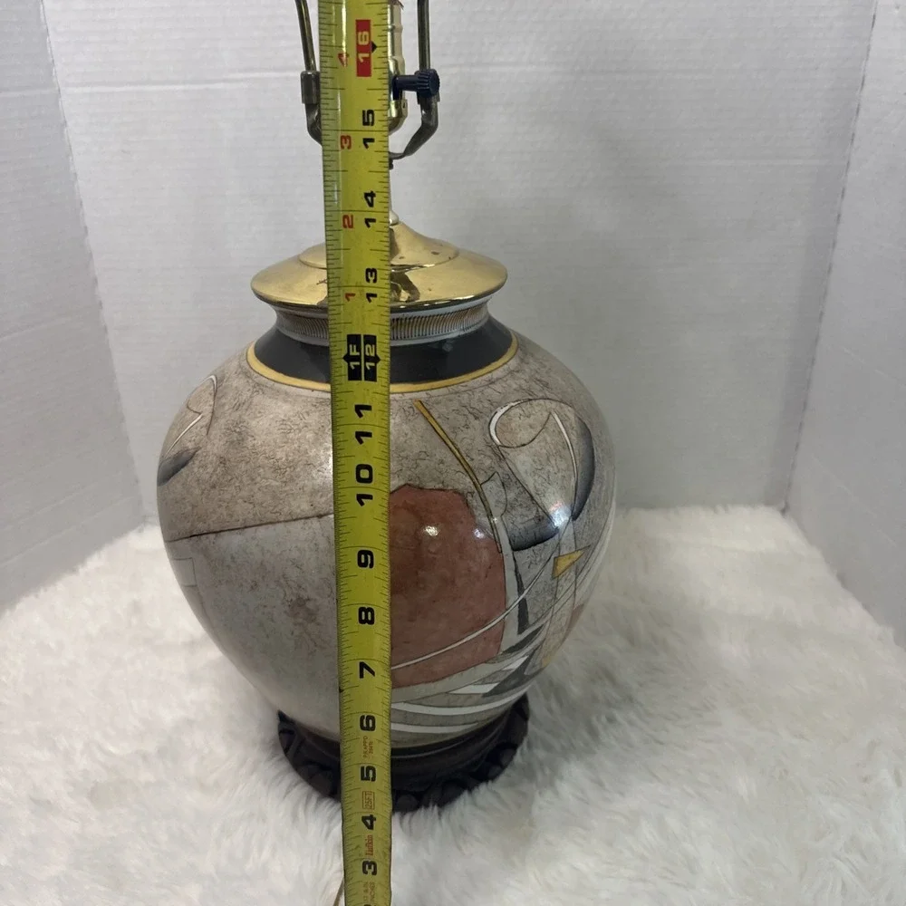 Vintage Abstract 80's Geometric Studio Pottery Table Lamp Urn Brass Wood Deco